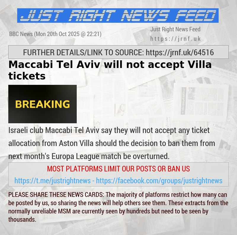Maccabi Tel Aviv will not accept Villa tickets