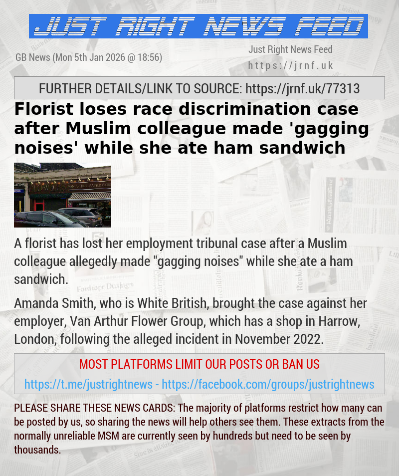 Florist loses race discrimination case after Muslim colleague made ’gagging noises’ while she ate ham sandwich