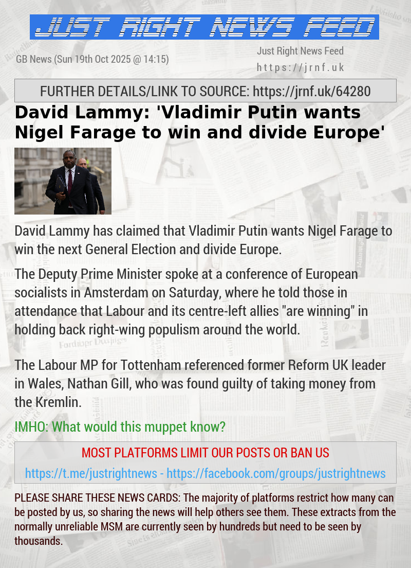 David Lammy: ’Vladimir Putin wants Nigel Farage to win and divide Europe’