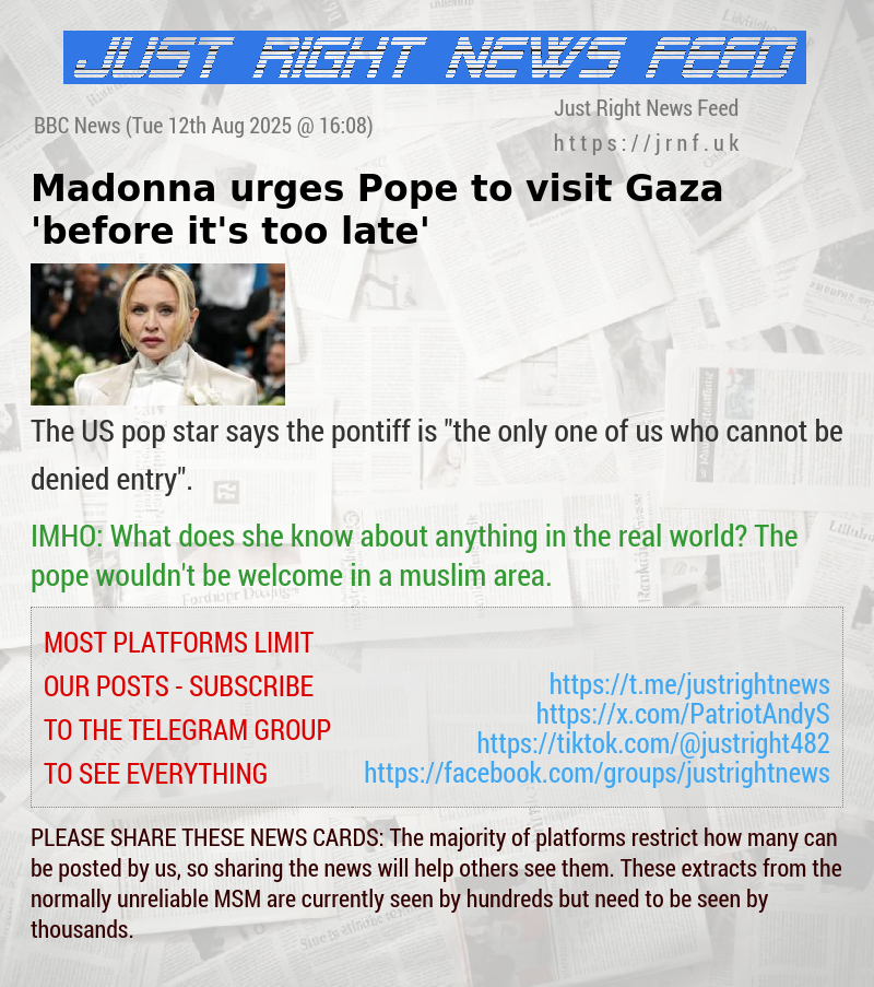 Madonna urges Pope to visit Gaza ’before it’s too late’