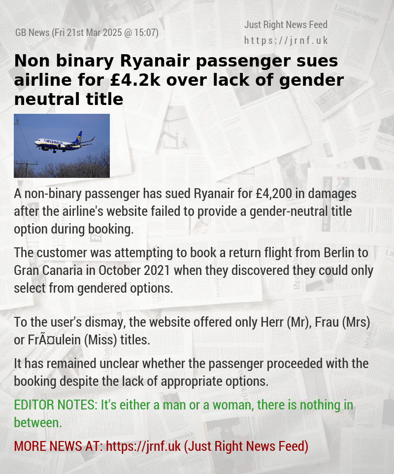 Non—binary Ryanair passenger sues airline for £4.2k over lack of gender—neutral title