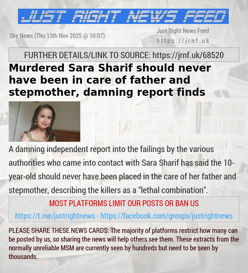 Murdered Sara Sharif should never have been in care of father and stepmother, damning report finds
