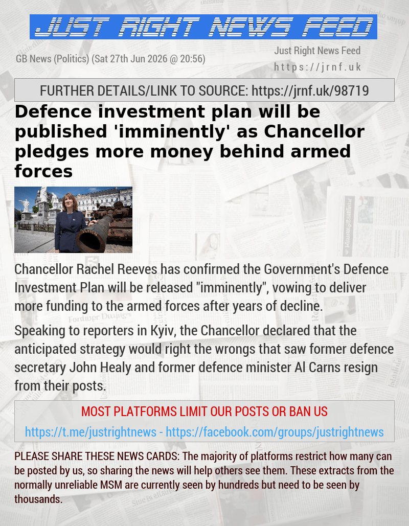 Defence investment plan will be published ’imminently’ as Chancellor pledges more money behind armed forces