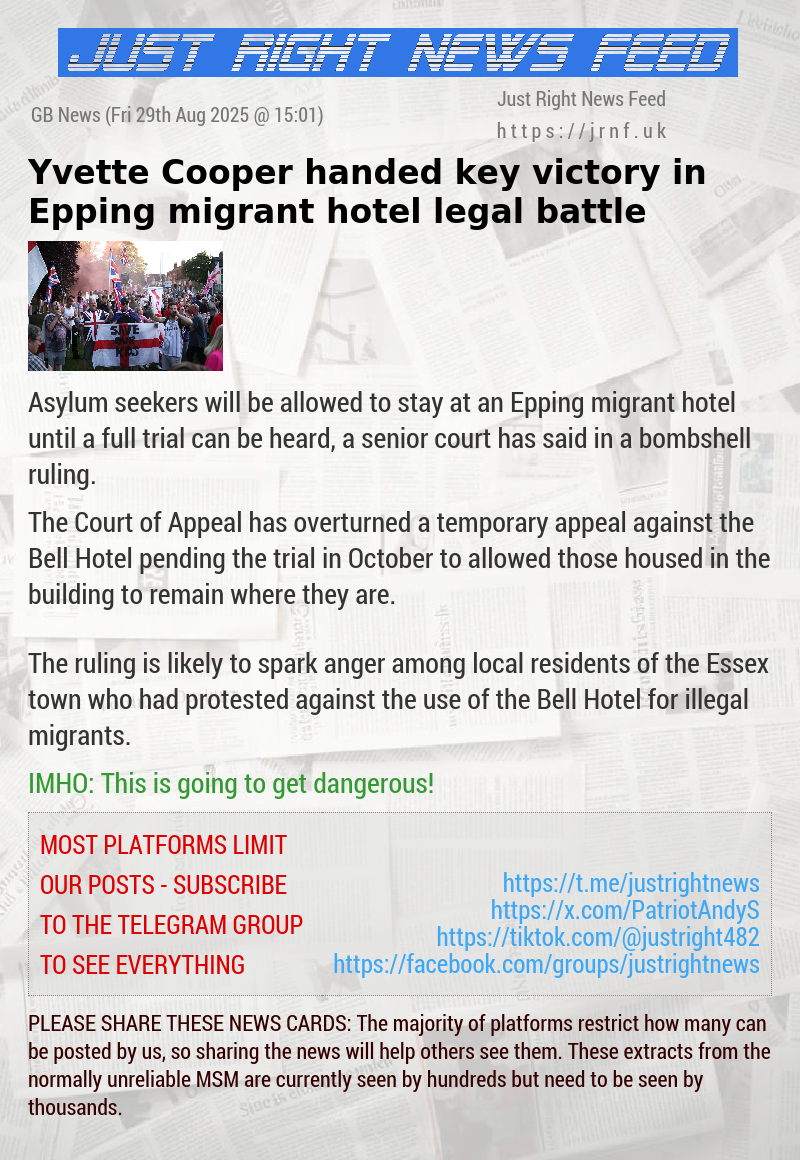 Yvette Cooper handed key victory in Epping migrant hotel legal battle