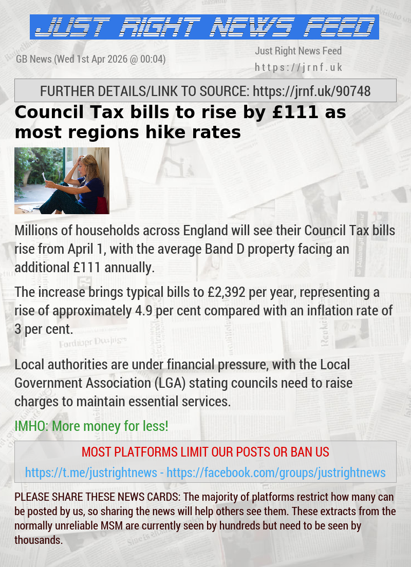 Council Tax bills to rise by &pound;111 as most regions hike rates