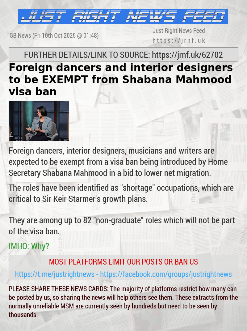 Foreign dancers and interior designers to be EXEMPT from Shabana Mahmood visa ban