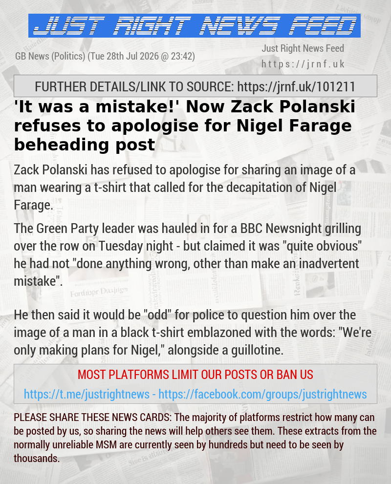 ’It was a mistake!’ Now Zack Polanski refuses to apologise for Nigel Farage beheading post