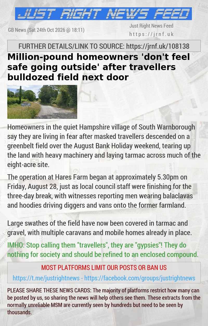 Million—pound homeowners ‘don’t feel safe going outside’ after travellers bulldozed field next door