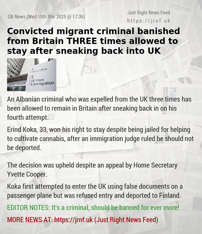 Convicted migrant criminal banished from Britain THREE times allowed to stay after sneaking back into UK