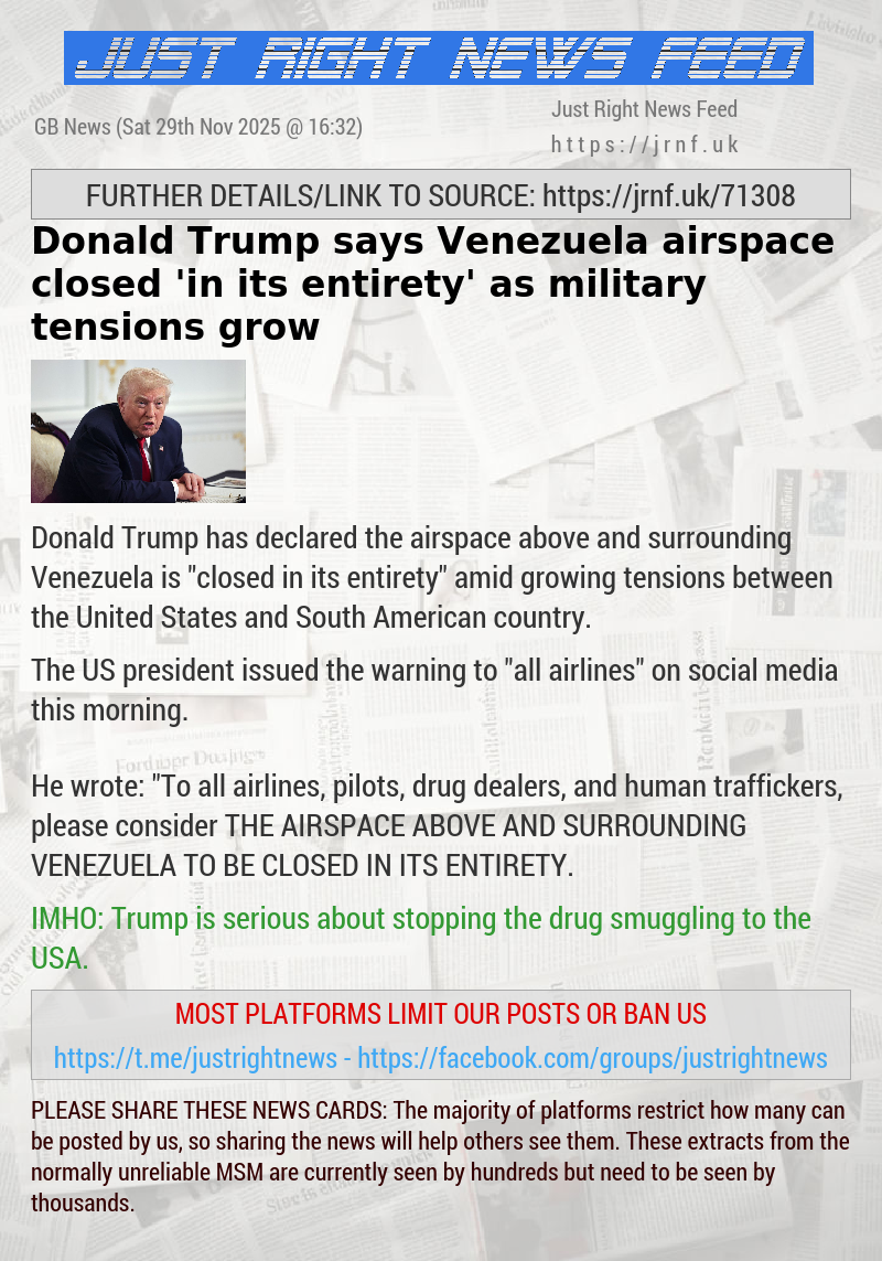Donald Trump says Venezuela airspace closed ‘in its entirety’ as military tensions grow