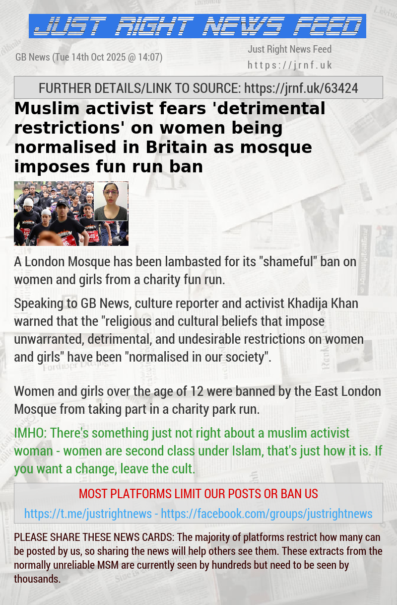 Muslim activist fears ‘detrimental restrictions’ on women being normalised in Britain as mosque imposes fun run ban