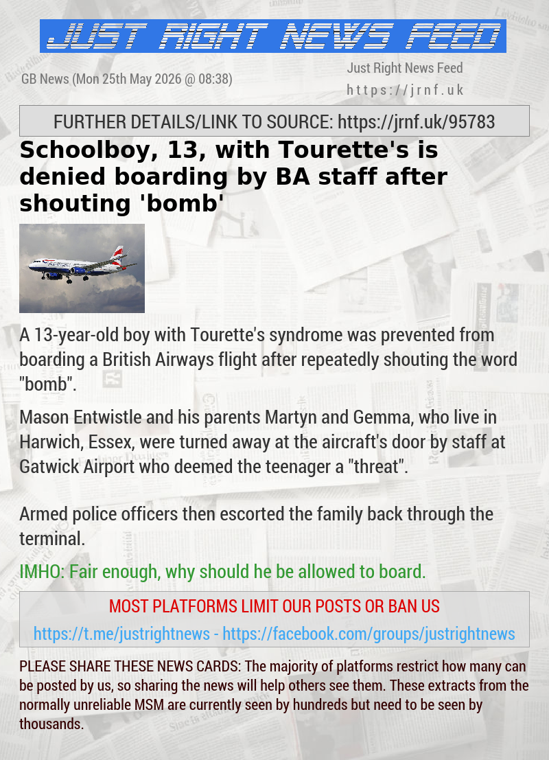 Schoolboy, 13, with Tourette’s is denied boarding by BA staff after shouting ’bomb’