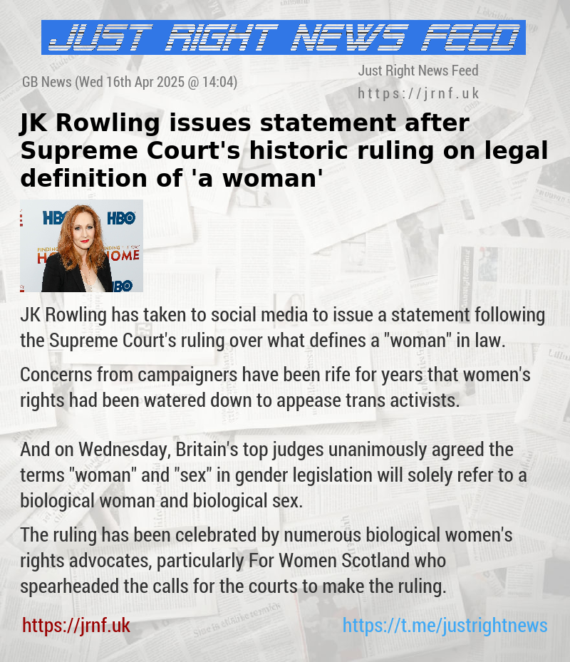 JK Rowling issues statement after Supreme Court’s historic ruling on legal definition of ’a woman’