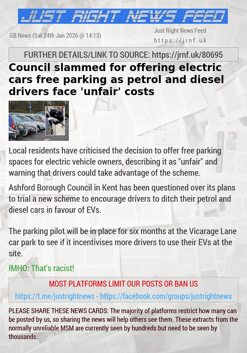 Council slammed for offering electric cars free parking as petrol and diesel drivers face ’unfair’ costs