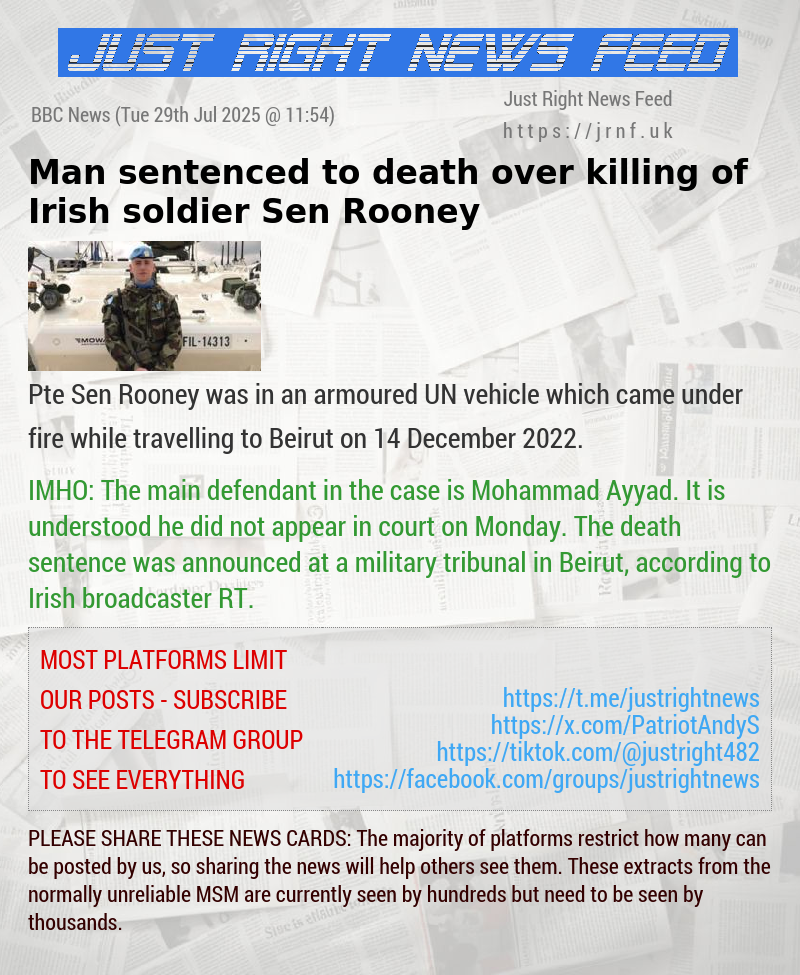 Man sentenced to death over killing of Irish soldier Seán Rooney