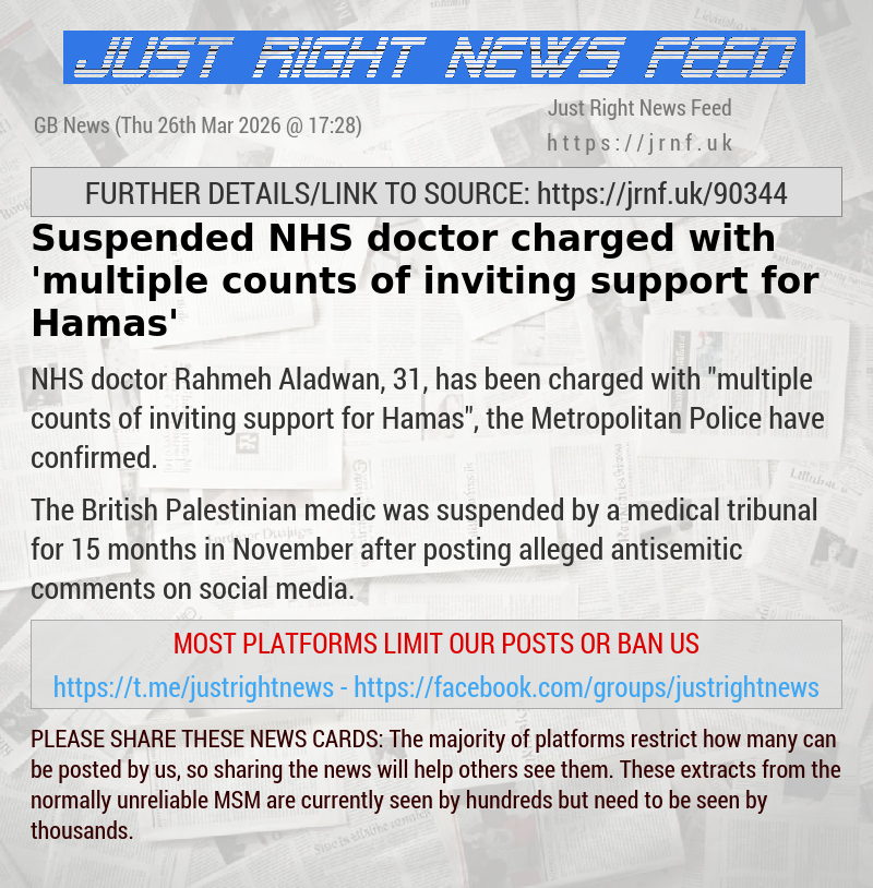 Suspended NHS doctor charged with ’multiple counts of inviting support for Hamas’