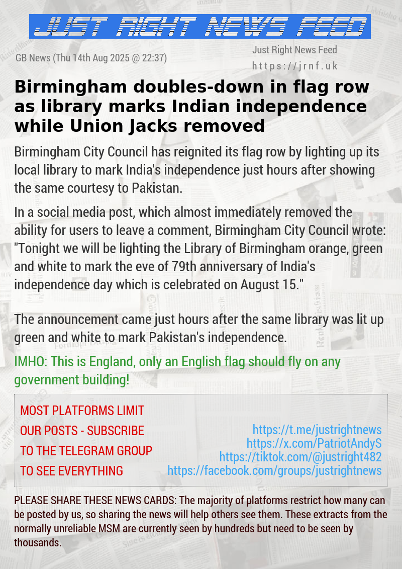 Birmingham doubles—down in flag row as library marks Indian independence while Union Jacks removed