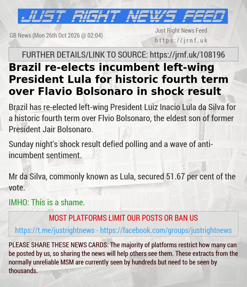 Brazil re—elects incumbent left—wing President Lula for historic fourth term over Flavio Bolsonaro in shock result