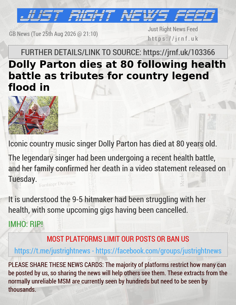 Dolly Parton dies at 80 following health battle as tributes for country legend flood in