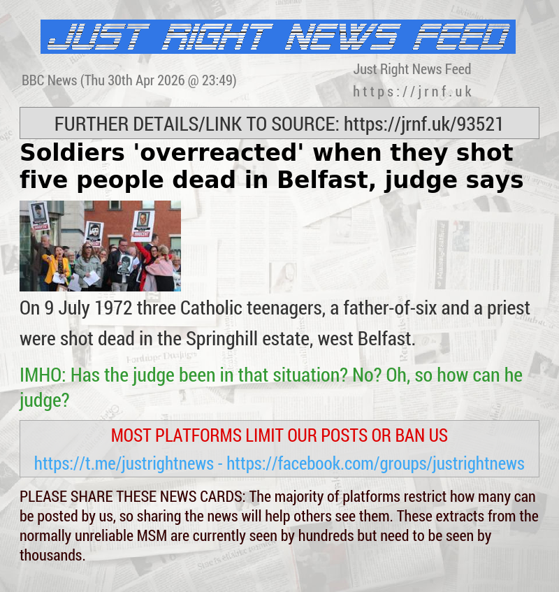 Soldiers ’overreacted’ when they shot five people dead in Belfast, judge says