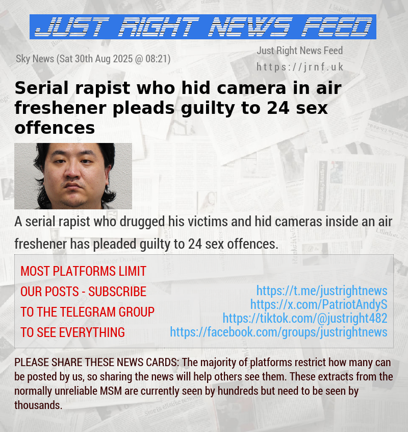 Serial rapist who hid camera in air freshener pleads guilty to 24 sex offences