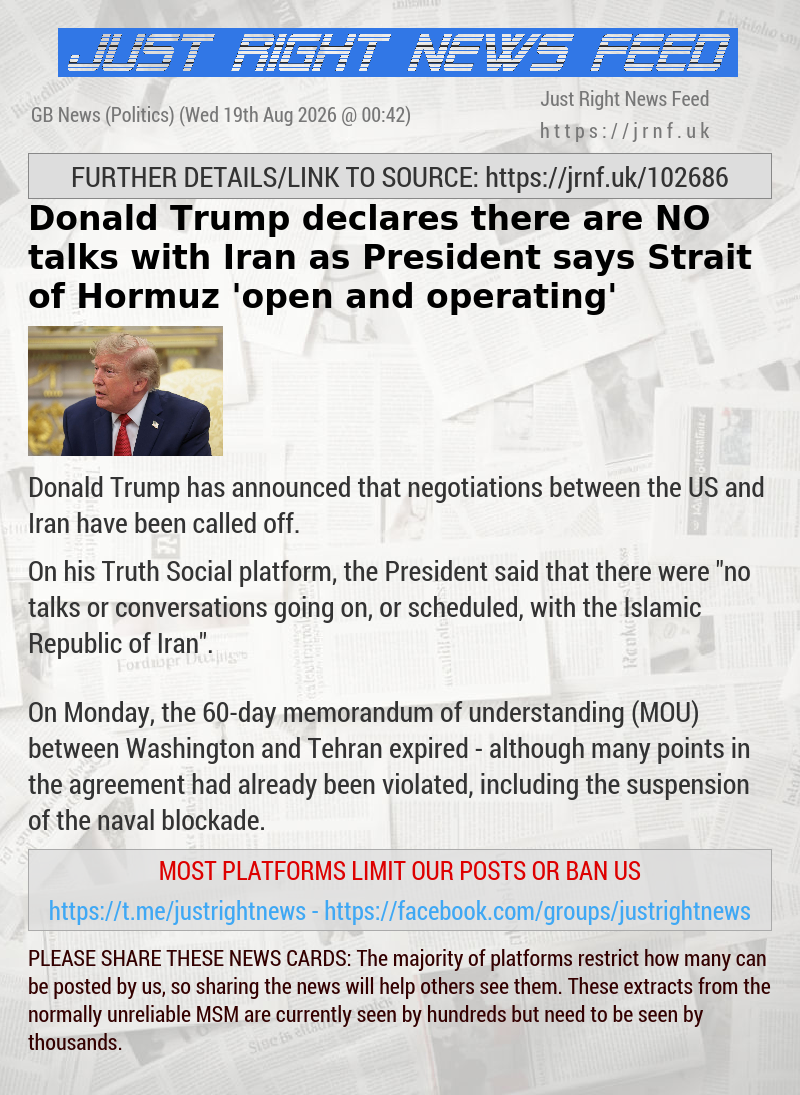 Donald Trump declares there are NO talks with Iran as President says Strait of Hormuz ’open and operating’