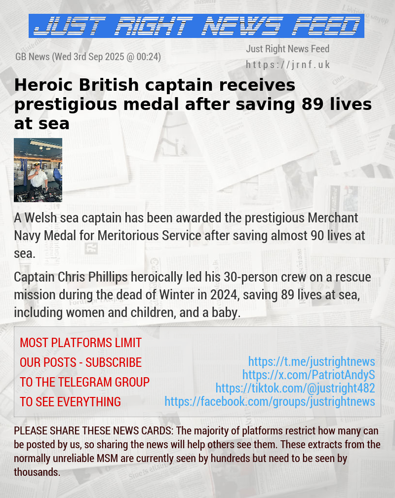 Heroic British captain receives prestigious medal after saving 89 lives at sea