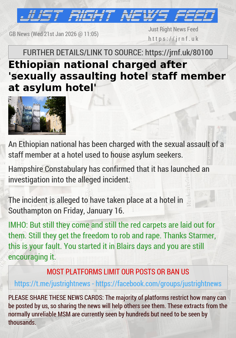Ethiopian national charged after ’sexually assaulting hotel staff member at asylum hotel’