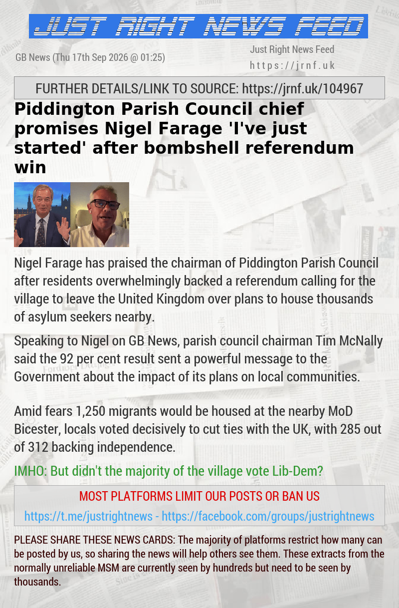 Piddington Parish Council chief promises Nigel Farage ‘I’ve just started’ after bombshell referendum win