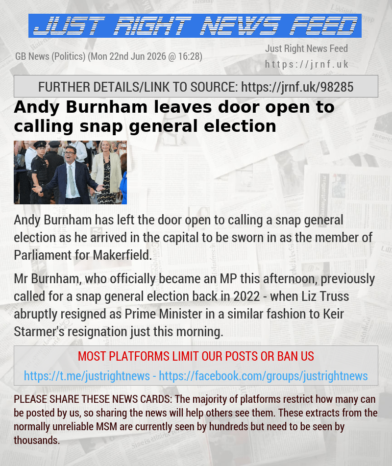 Andy Burnham leaves door open to calling snap general election