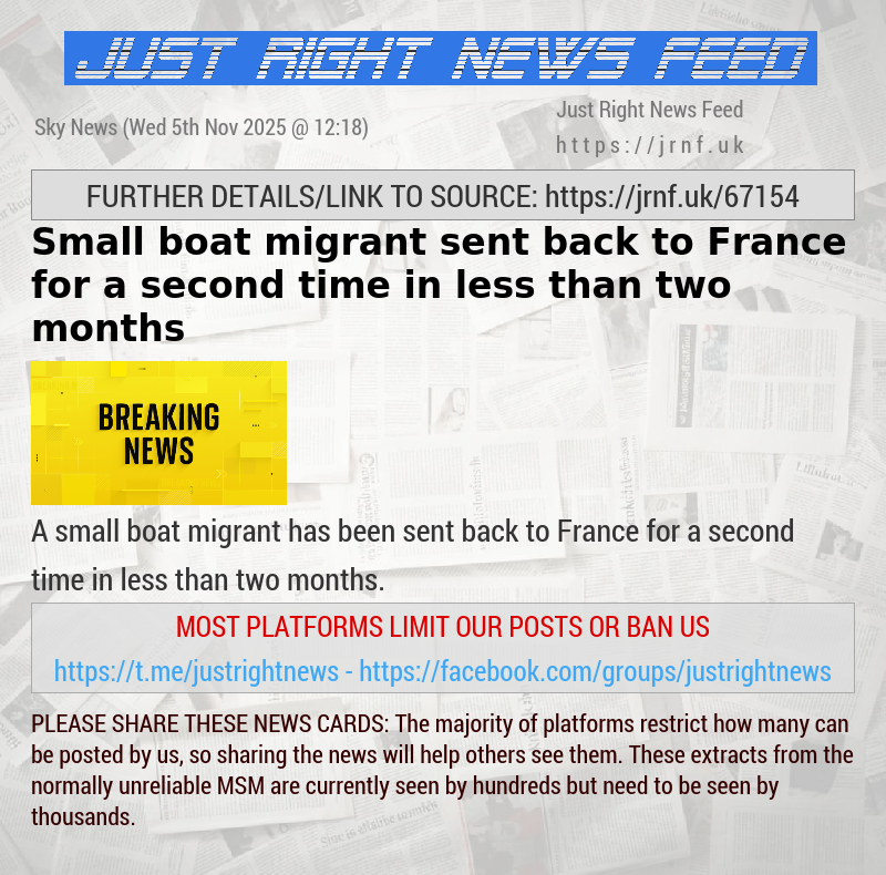 Small boat migrant sent back to France for a second time in less than two months
