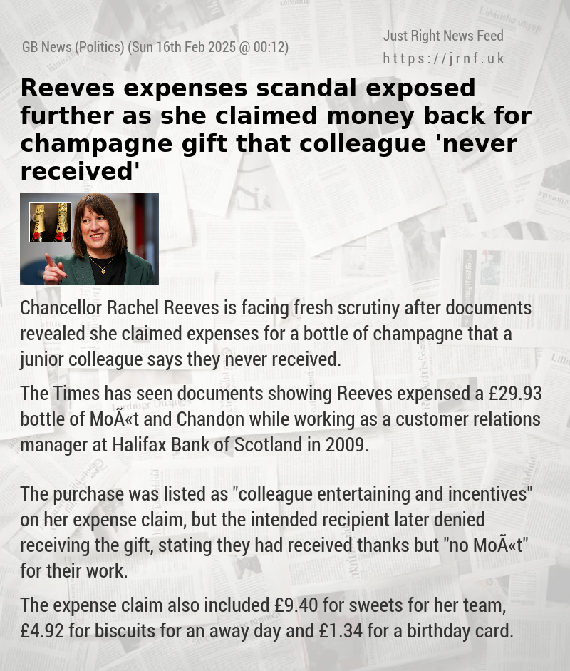 Reeves expenses scandal exposed further as she claimed money back for champagne gift that colleague ’never received’