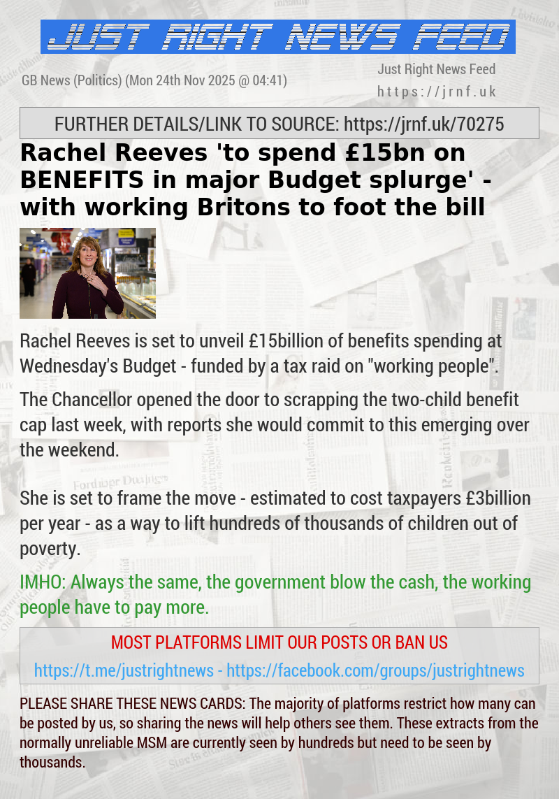 Rachel Reeves ’to spend &pound;15bn on BENEFITS in major Budget splurge’ — with working Britons to foot the bill