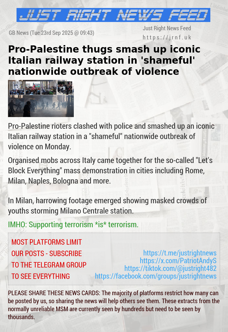 Pro—Palestine thugs smash up iconic Italian railway station in ’shameful’ nationwide outbreak of violence