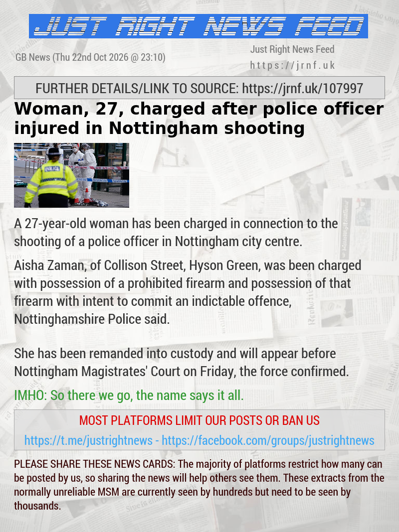 Woman, 27, charged after police officer injured in Nottingham shooting