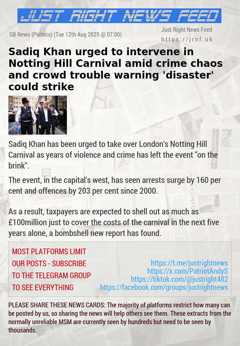 Sadiq Khan urged to intervene in Notting Hill Carnival amid crime chaos and crowd trouble — warning ’disaster’ could strike