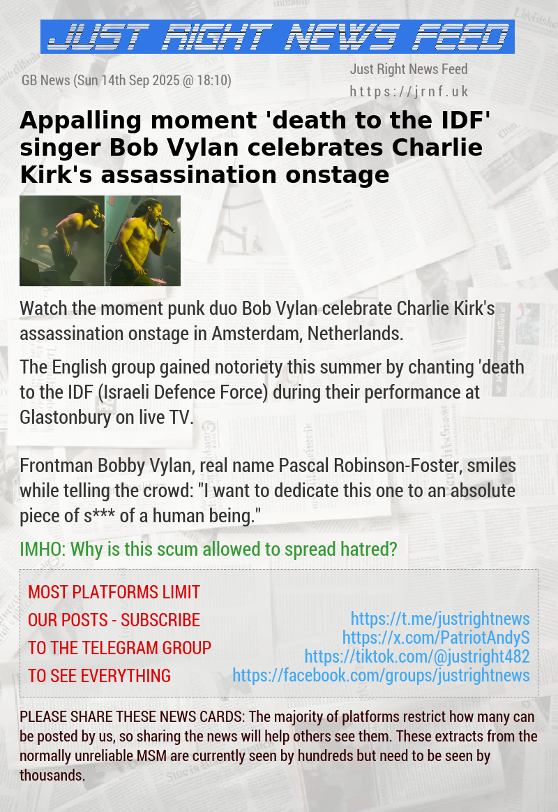 Appalling moment ’death to the IDF’ singer Bob Vylan celebrates Charlie Kirk’s assassination onstage