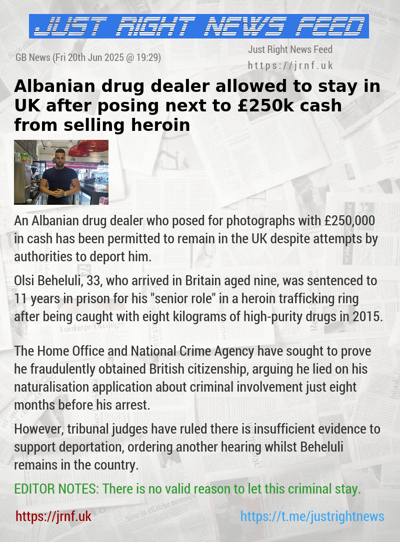 Albanian drug dealer allowed to stay in UK after posing next to £250k cash from selling heroin