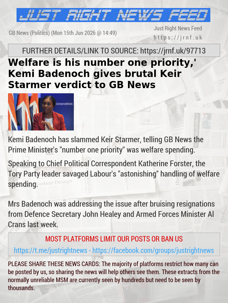 ‘Welfare is his number one priority,’ Kemi Badenoch gives brutal Keir Starmer verdict to GB News