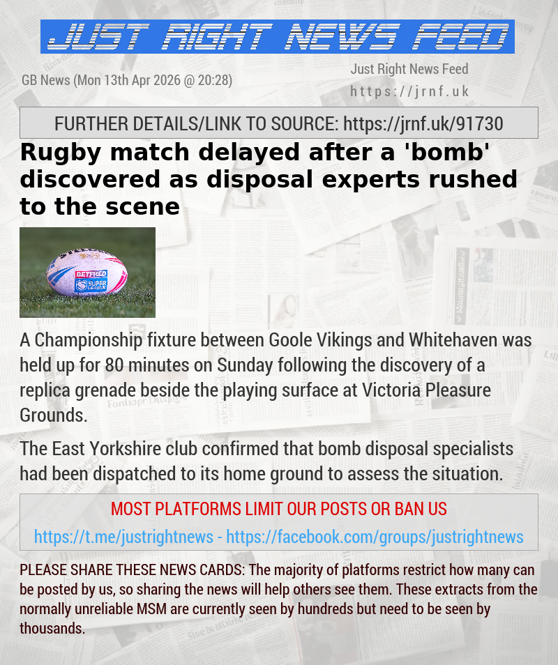 Rugby match delayed after a ’bomb’ discovered as disposal experts rushed to the scene