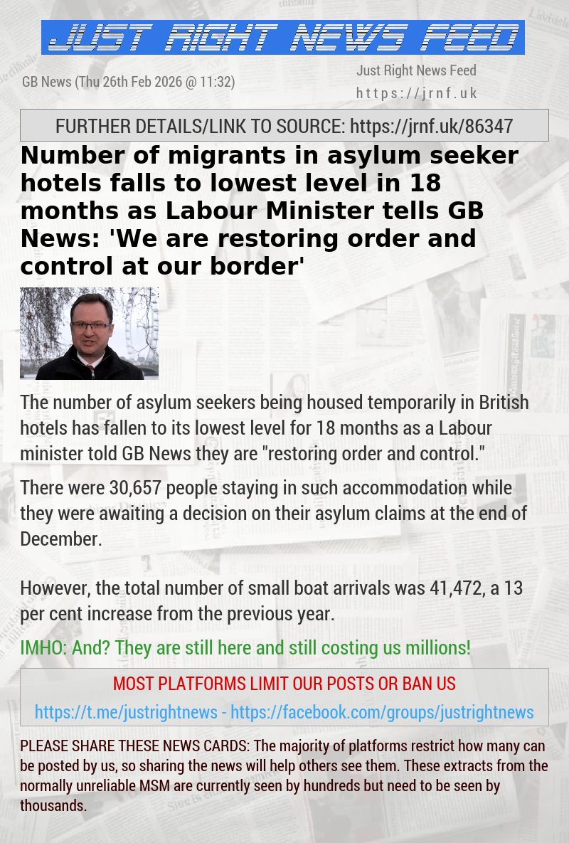 Number of migrants in asylum seeker hotels falls to lowest level in 18 months as Labour Minister tells GB News: ’We are restoring order and control at our border’