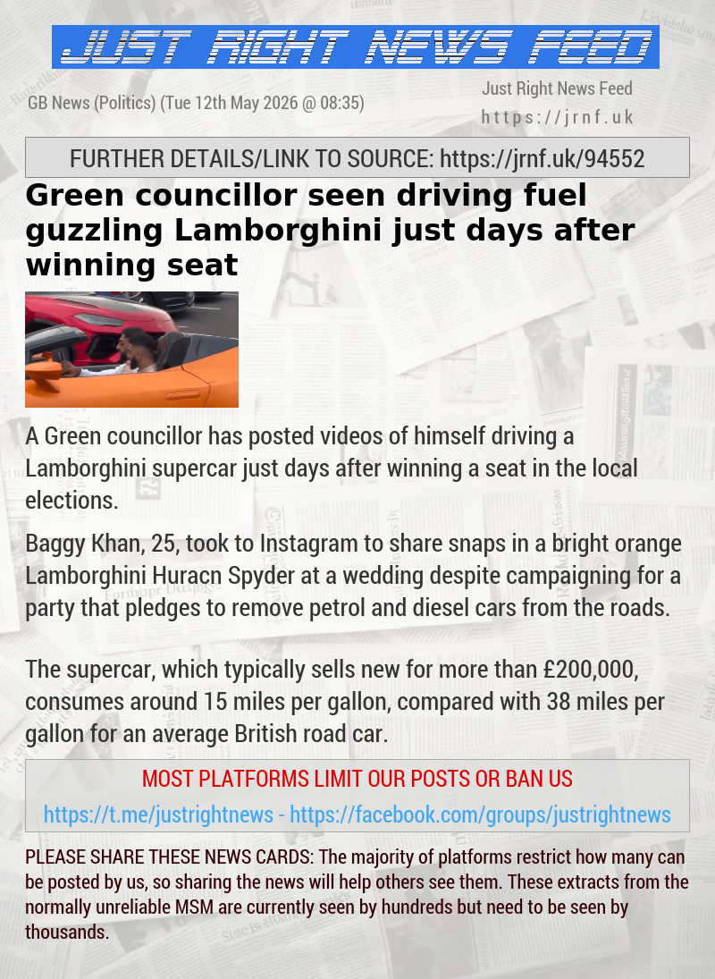 Green councillor seen driving fuel—guzzling Lamborghini just days after winning seat