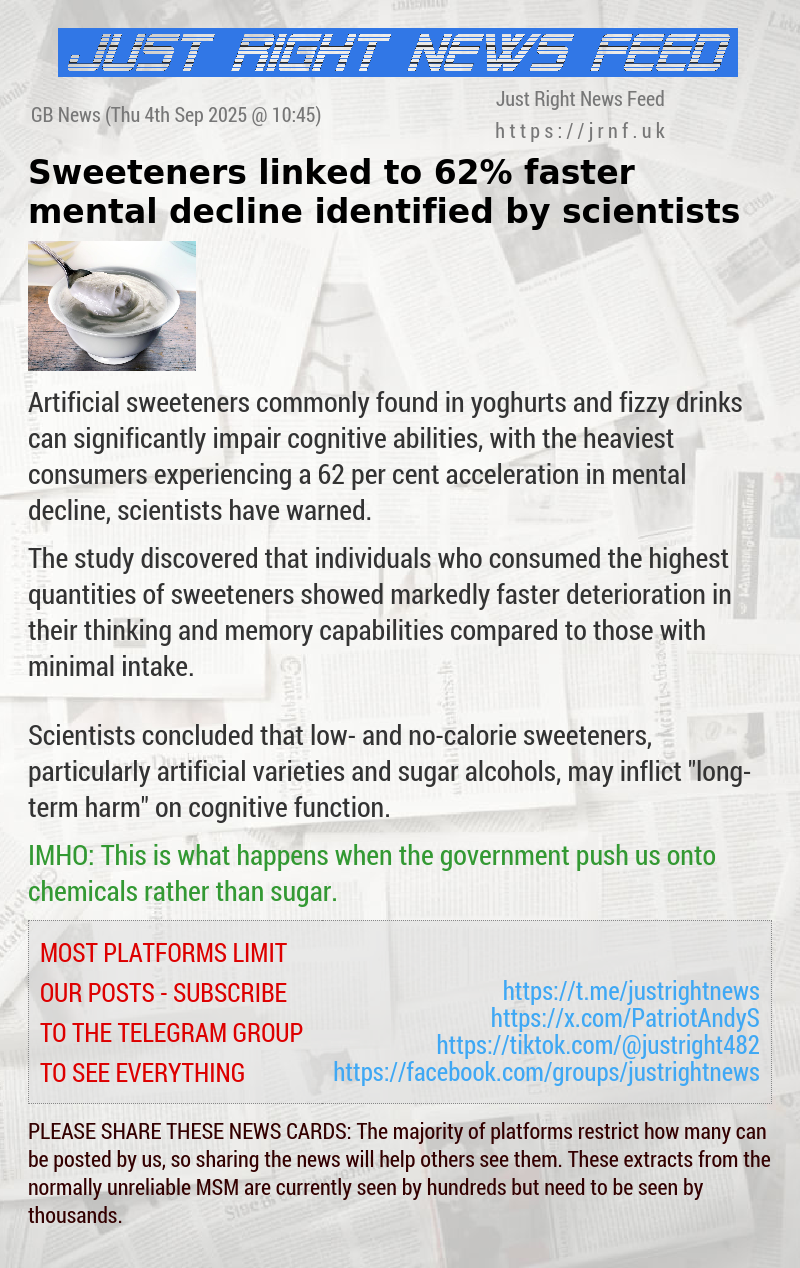 Sweeteners linked to 62% faster mental decline identified by scientists