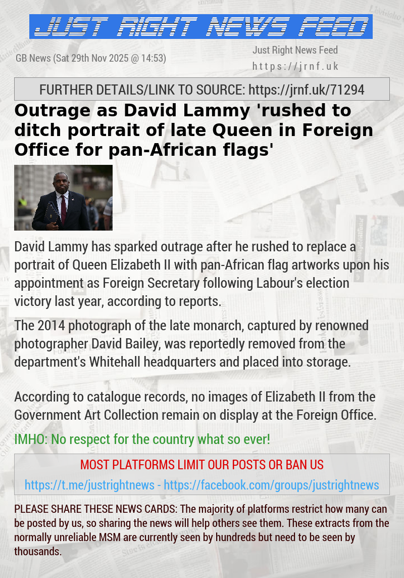 Outrage as David Lammy ’rushed to ditch portrait of late Queen in Foreign Office for pan—African flags’