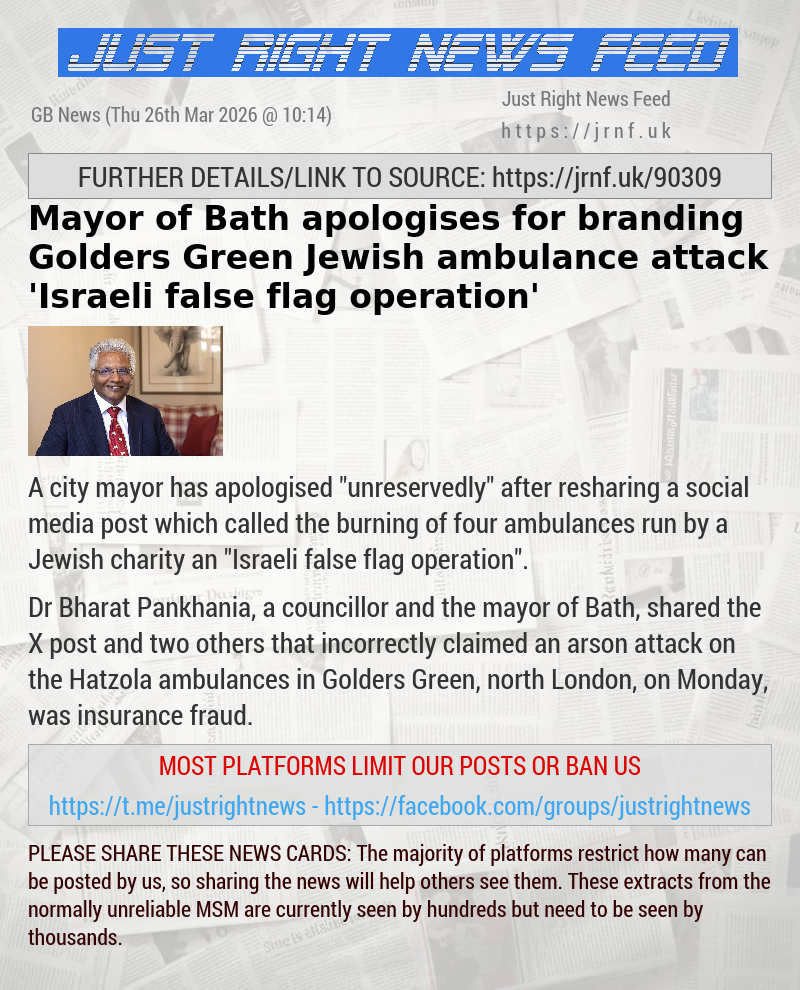 Mayor of Bath apologises for branding Golders Green Jewish ambulance attack ’Israeli false flag operation’