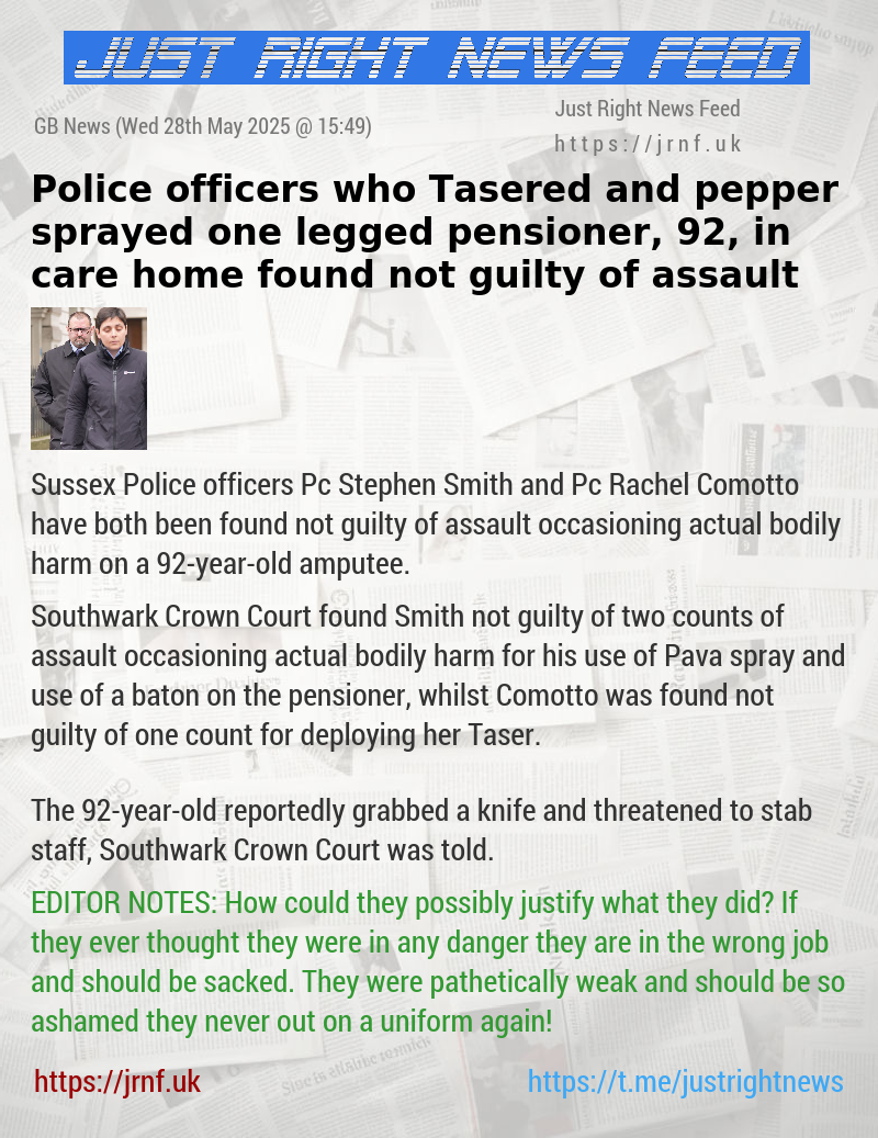 Police officers who Tasered and pepper—sprayed one—legged pensioner, 92, in care home found not guilty of assault