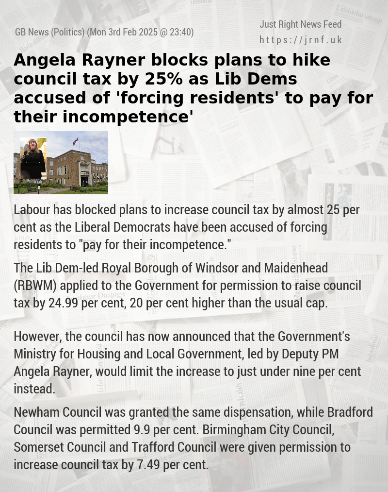 Angela Rayner blocks plans to hike council tax by 25% as Lib Dems accused of ’forcing residents’ to pay for their incompetence’