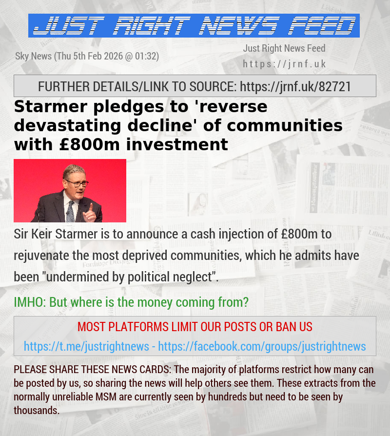 Starmer pledges to ’reverse devastating decline’ of communities with &pound;800m investment