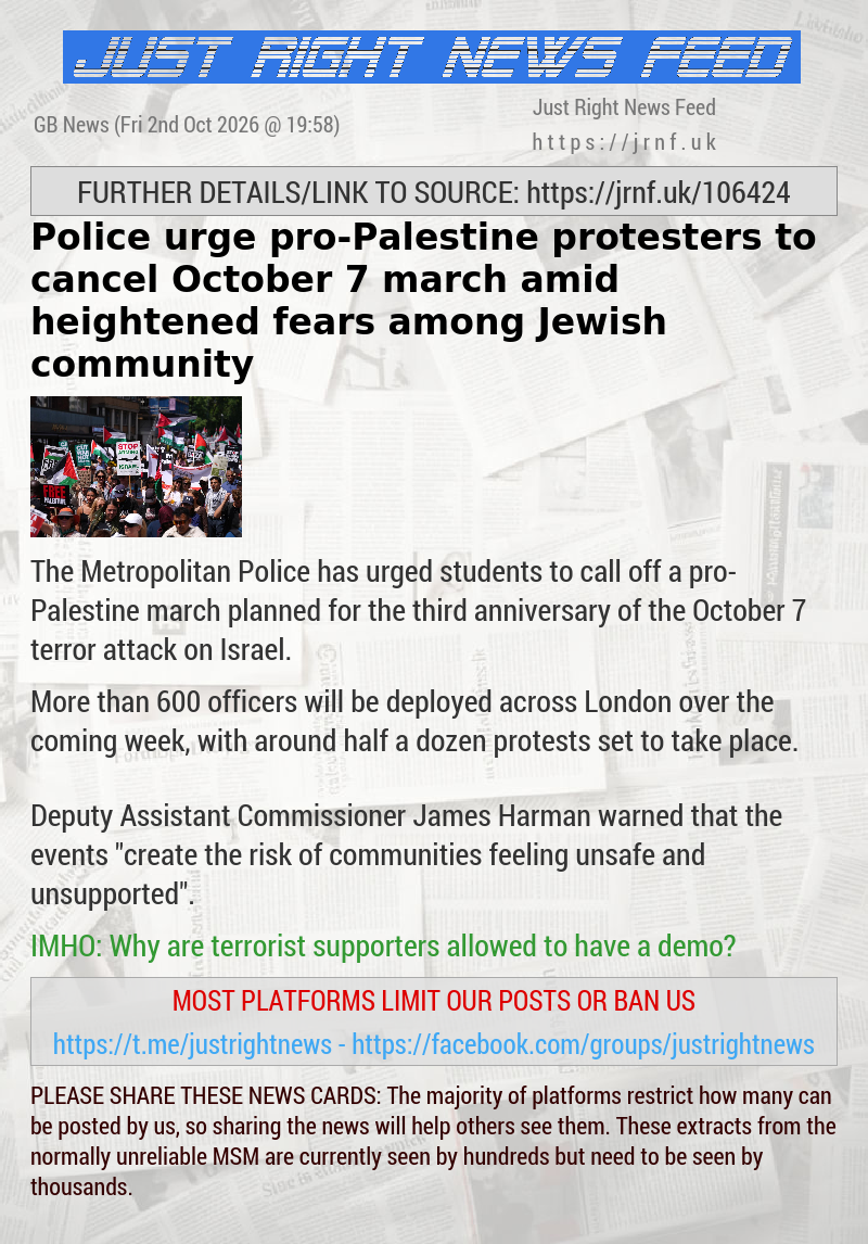 Police urge pro—Palestine protesters to cancel October 7 march amid heightened fears among Jewish community
