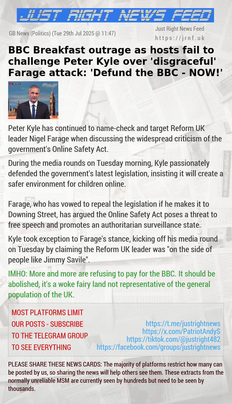 BBC Breakfast outrage as hosts fail to challenge Peter Kyle over ’disgraceful’ Farage attack: ’Defund the BBC — NOW!’